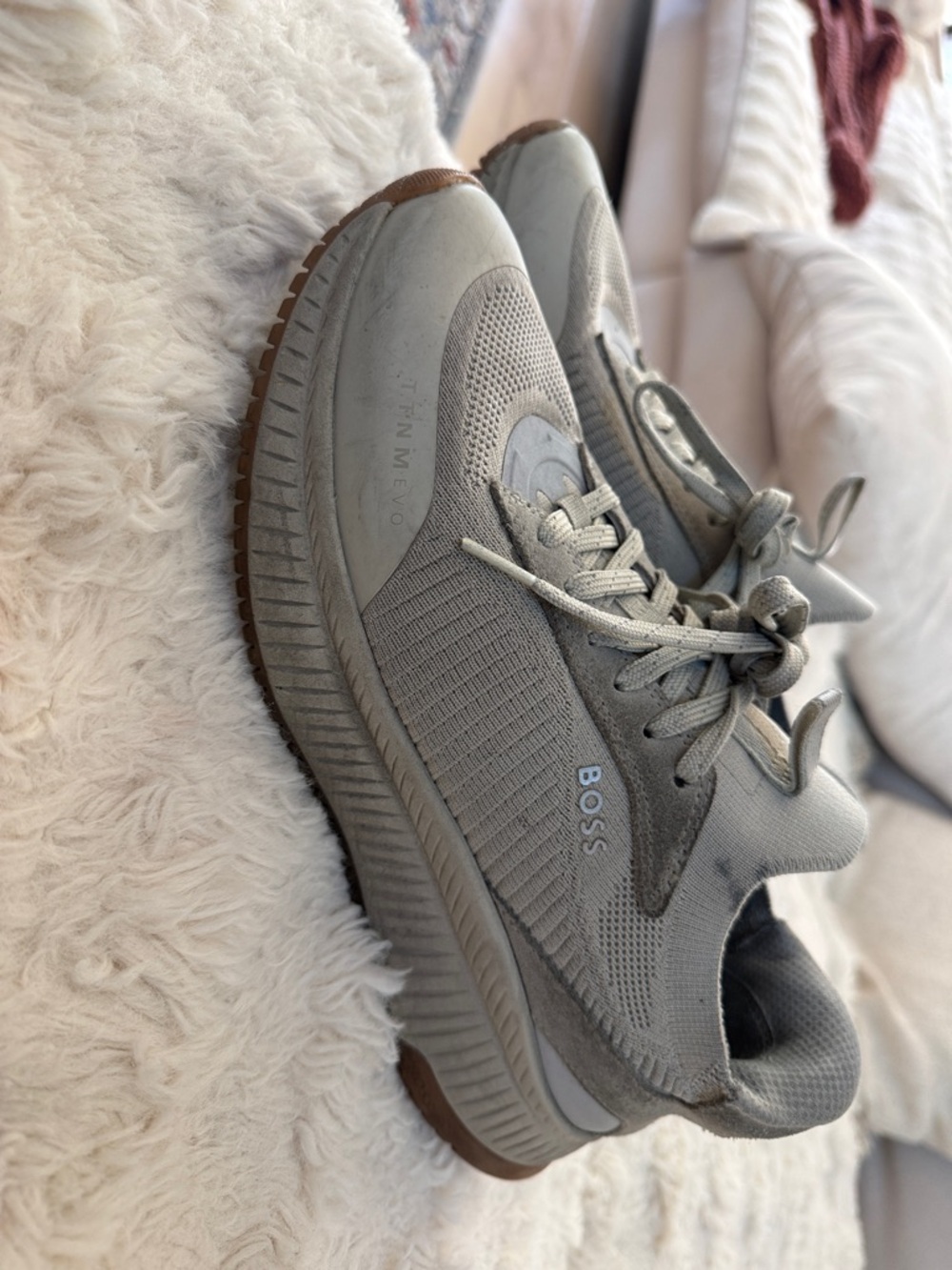 Boss Men's Athletic Sneakers in Light Gray with Brown Sole